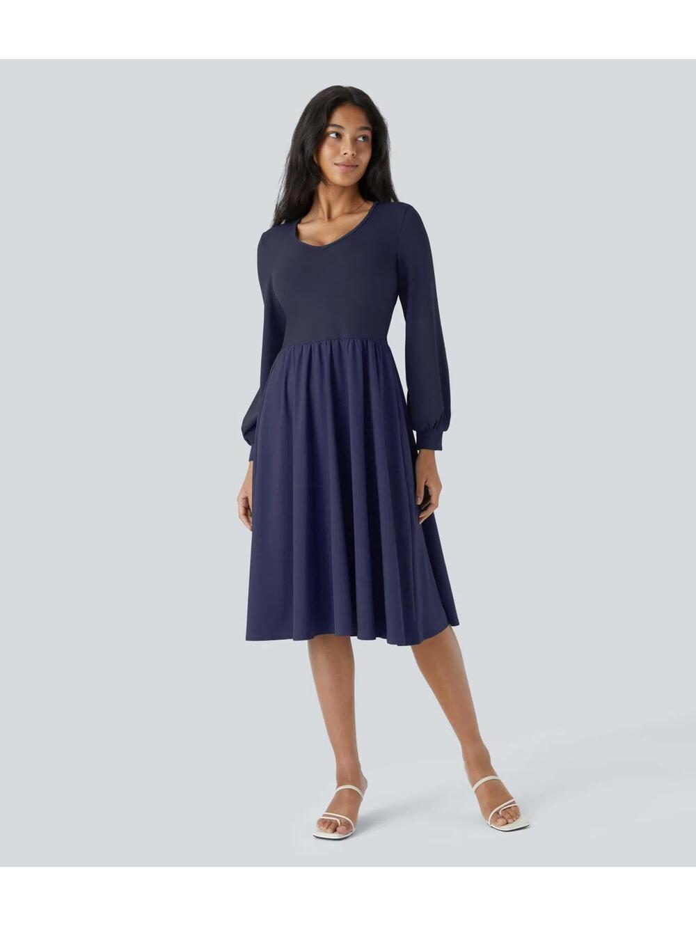 NWT Halara Breezeful V Neck Bishop Long Sleeve Flare Midi Casual Dress Size XL